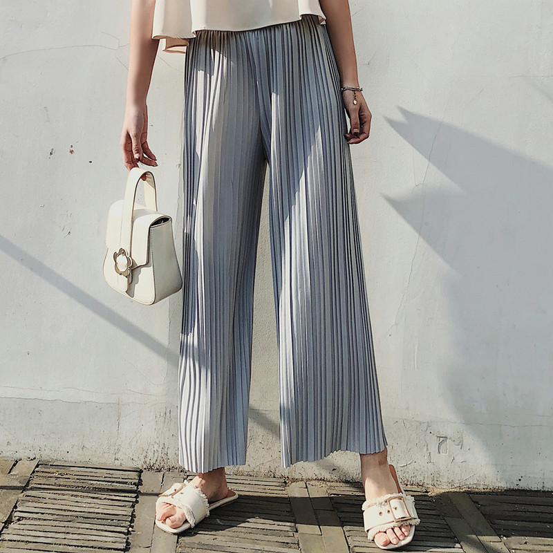 Korean Style 2020 Summer New High Waist Pleated Chiffon Wide-Leg Pants Women's Spring and Summer Cropped Student Hong Kong Style Loose Women Clothes