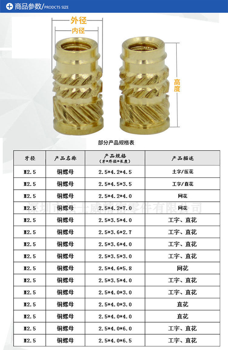 笔记本铜螺母 注塑铜螺母铜镶嵌件   每一种产品均有不同的规格,不同
