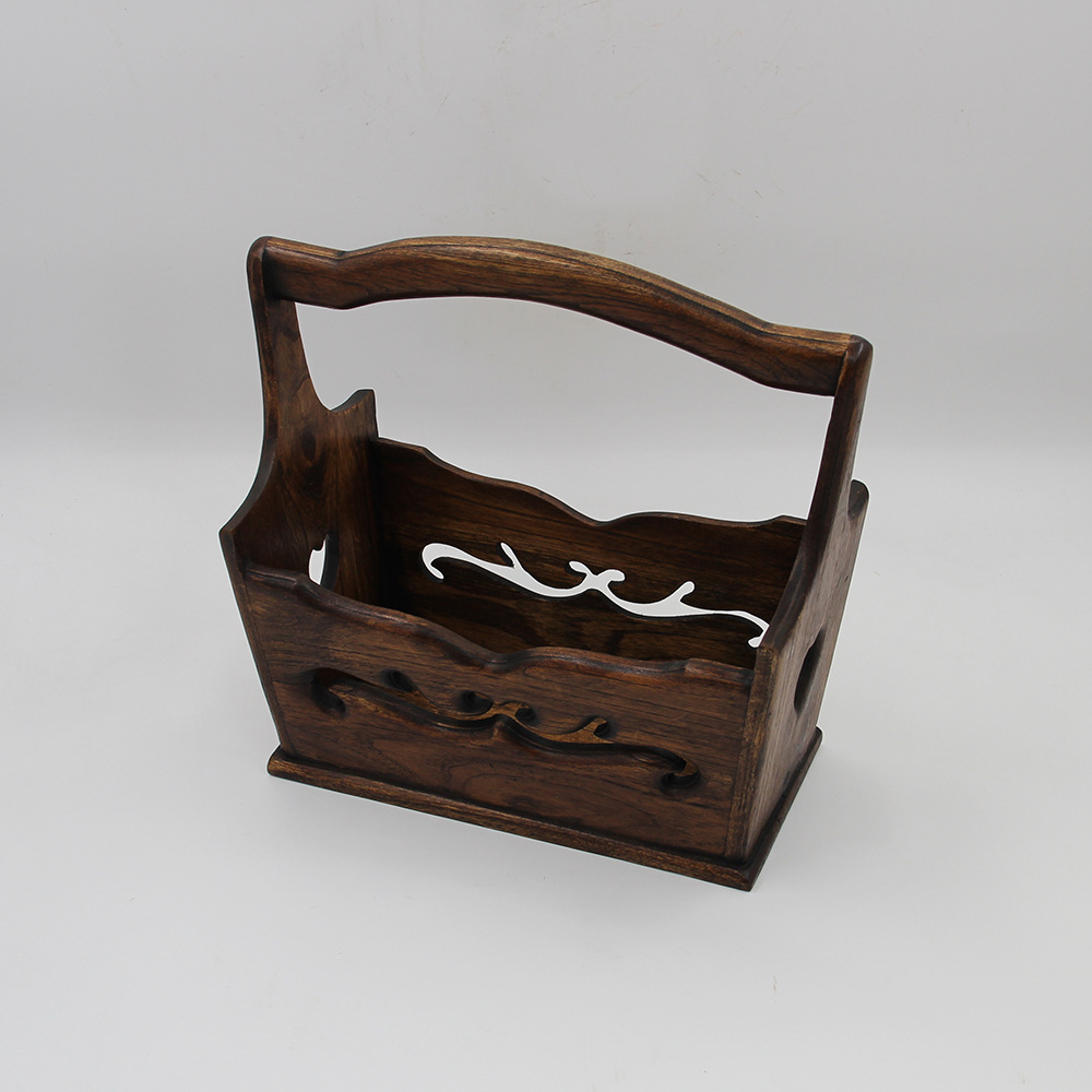 木质雕花收纳篮 家居装饰干花篮 果蔬置物篮 木制鲜花干花筐