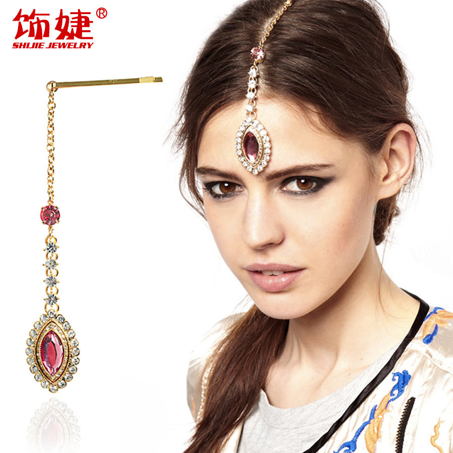 印第安民族风粉红色宝石美人泪珠闪钻眉心坠饰额饰发夹一字夹头饰