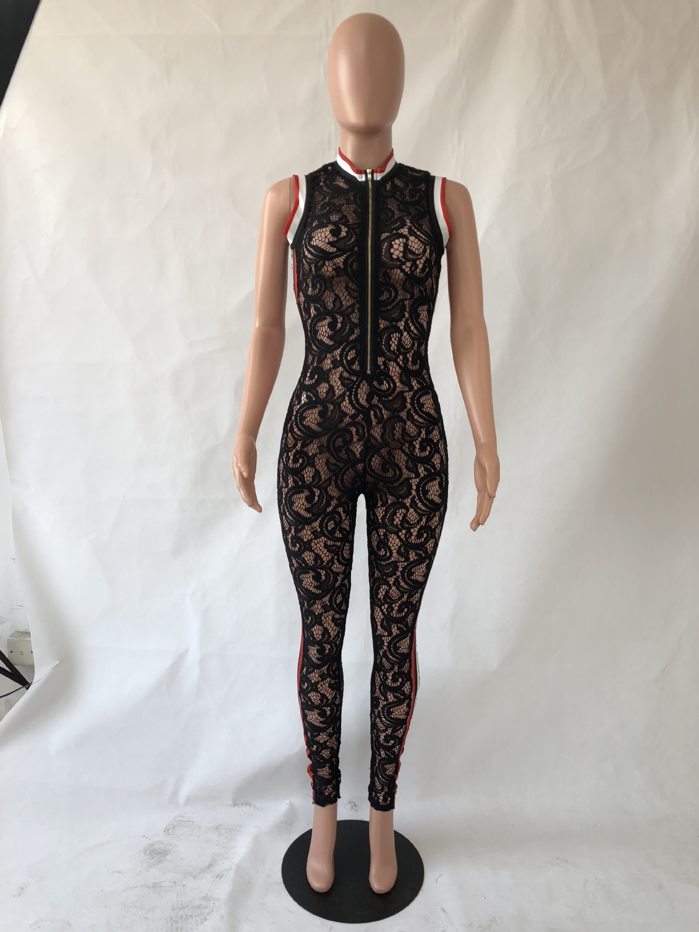 2018新款 现货 r6097 亚马逊ebay欧美透视蕾丝条纹拼接连体裤女装