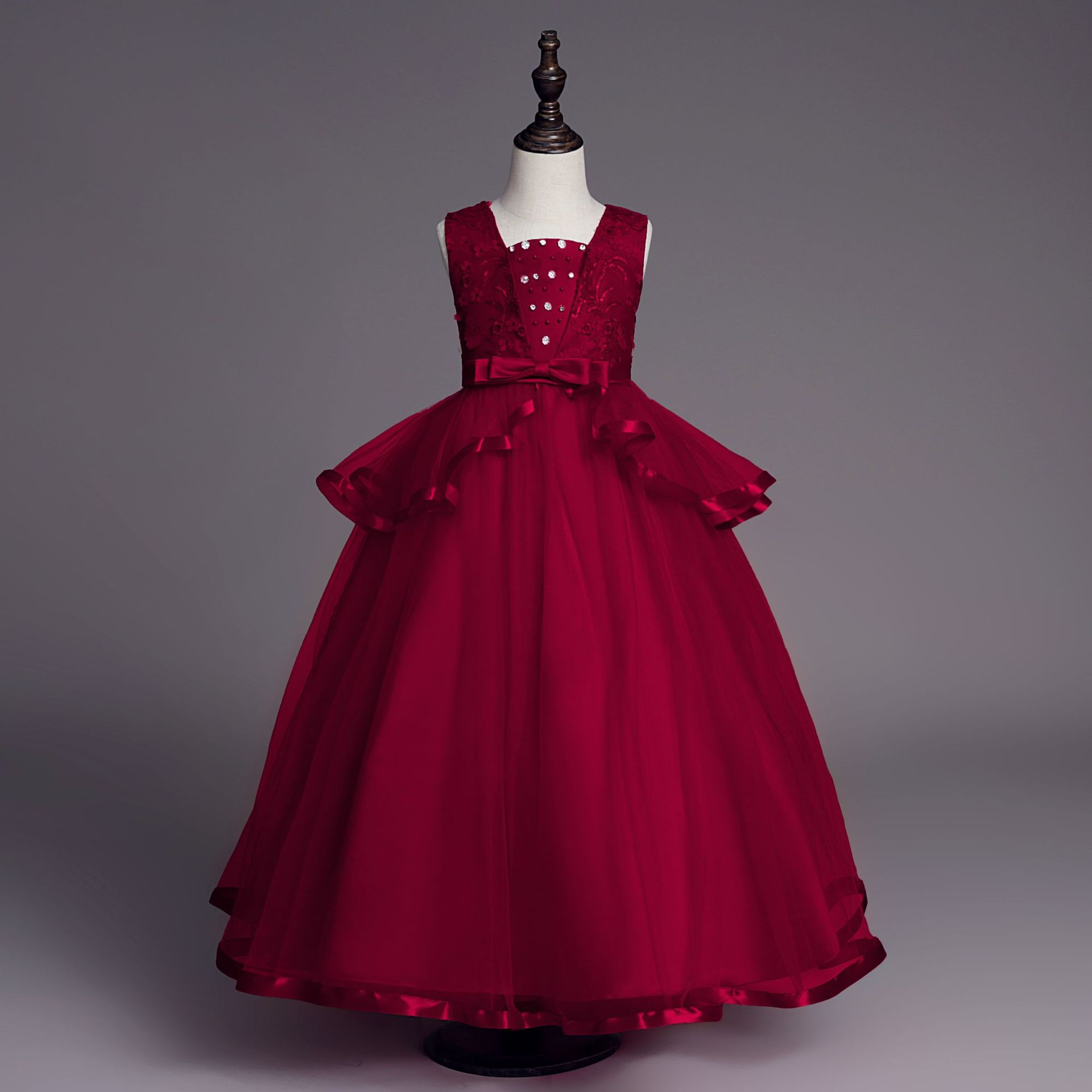 欧美长款儿童礼服无袖网纱公主裙冬季女童派对礼服kid dress