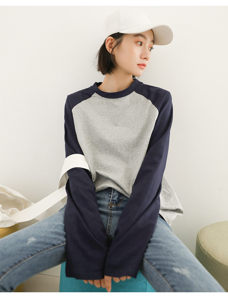 2018春夏韩范学院风插肩袖圆领宽松女拼色卫衣oversiza长袖t恤