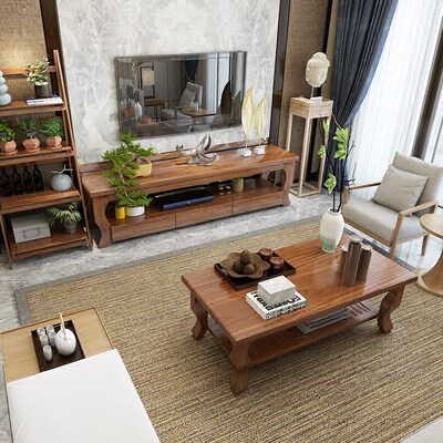 客厅纯实木茶几电视柜组合家用小户型香椿木双层收纳储物功夫茶桌