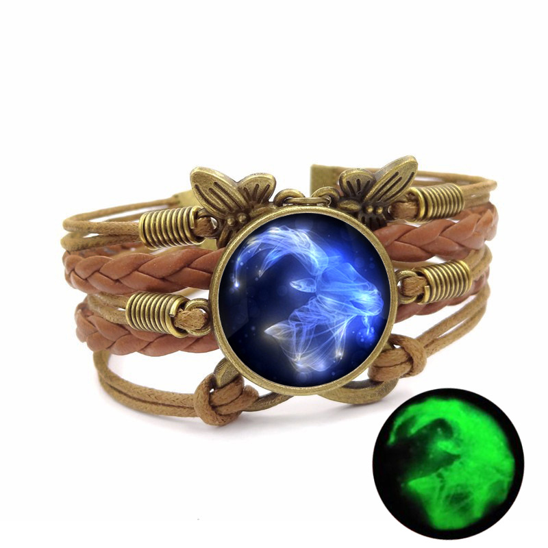 速卖通外贸饰品复古皮绳编织组合时光宝石夜光手链十二星座全套