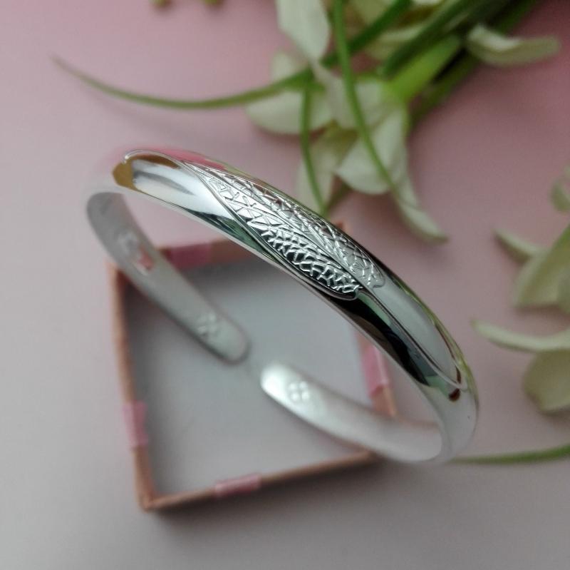 9999银手镯一叶之舟c形开口复古磨砂光面精致工艺禅意祝福情侣爱