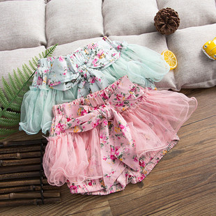 儿童女童裤打底裤裙梭织印花带纱网裙裤松紧系带childrens skirt