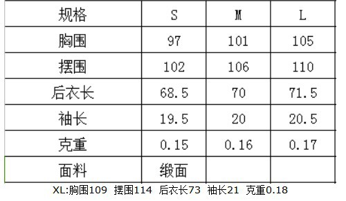 xl:胸围109  摆围114  后衣长73  袖长21  克重0.18