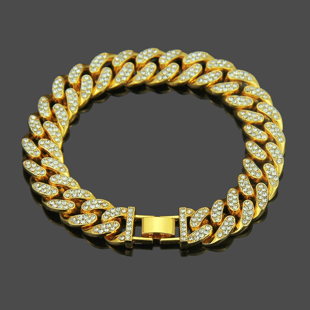 欧美嘻哈男士满钻手链 18k环保电镀hiphop霸气手镯手饰 厂家货源