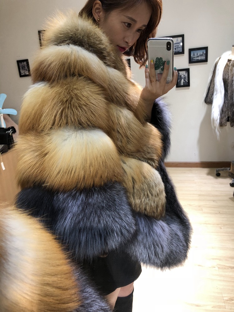 秋冬款红狐银狐拼接皮毛一体披肩大衣潮 狐狸毛斗篷皮草外套直销