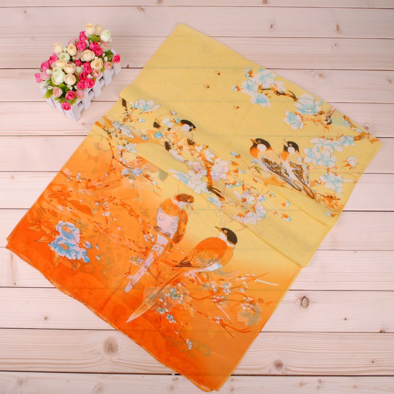 Spring New Auspicious Bird Women's Chiffon Long Scarves Wholesale Small Gauze Kerchief Scarf Small Gift