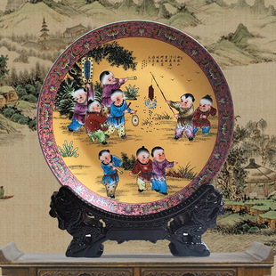 景德镇陶瓷器摆件百子图装饰品电视柜彩盘挂盘家居工艺品中式客厅
