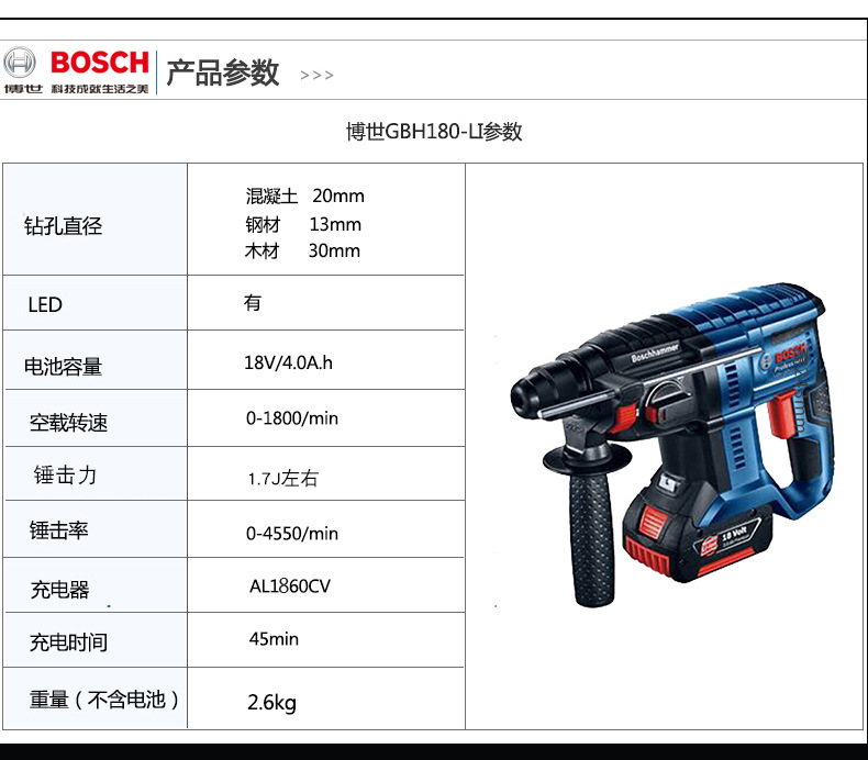 博世电锤冲击钻电动工具gbh180-li四坑锂电充电式电锤电钻新品