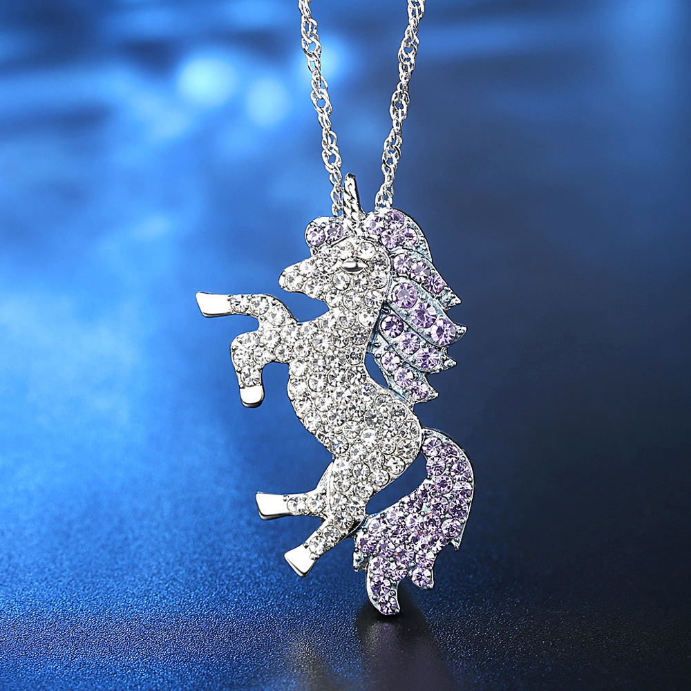 ebay热销新款饰品 欧美高贵独角兽吊坠微镶满钻天马项链女士首饰