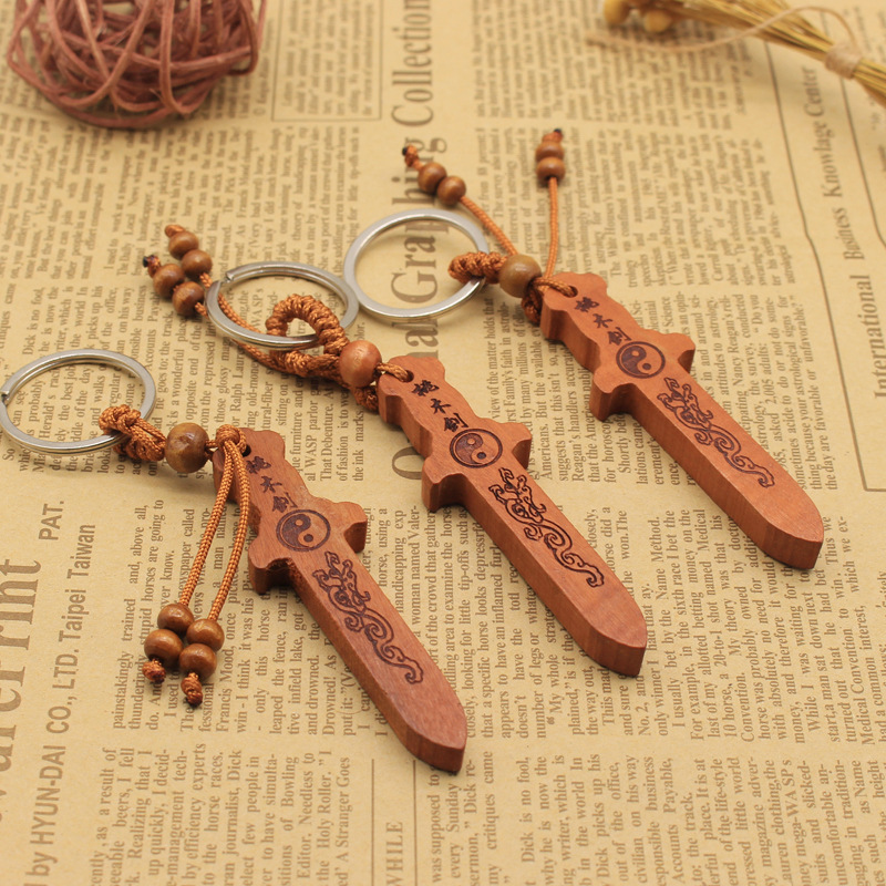 Mahogany Keychain Car Ornament Sword Knife Avalokitesvara Buddha Wood Carving Stall Trade Fair Scriptures Key Ring Pendant Yiwu