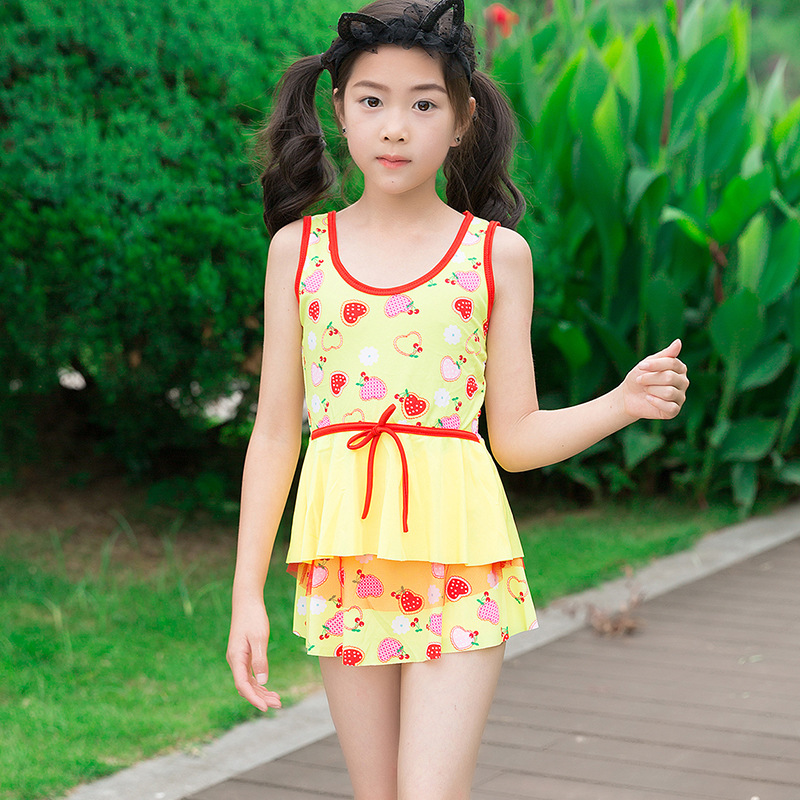 儿童泳衣女童夏可爱连体游泳衣碎花系带蝴蝶结小中大女童泳衣