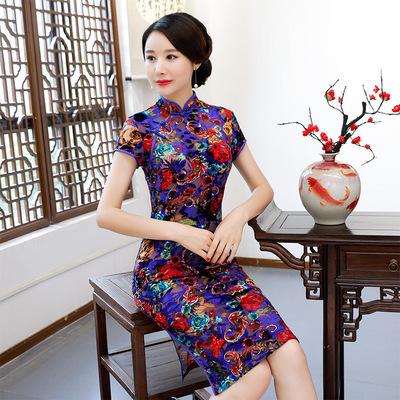 厂家批发新款秋冬季短袖旗袍中国风短款金丝绒旗袍礼服 古典旗袍