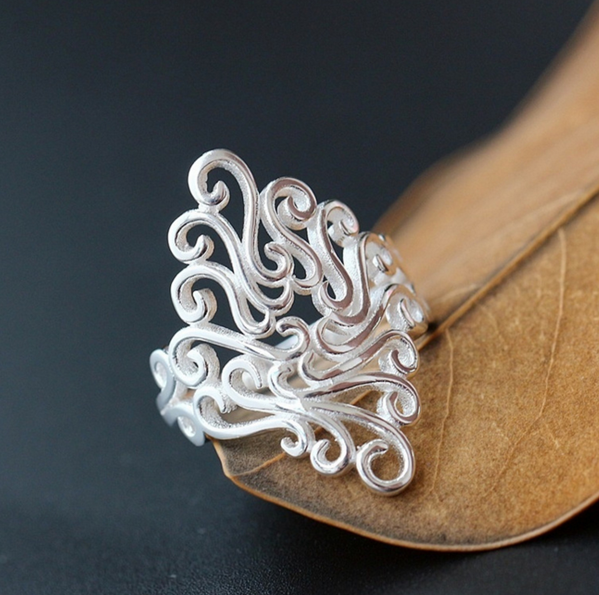 wish热卖新款通花戒指 女 复工花纹戒指 欧美夸张流行银饰品批发