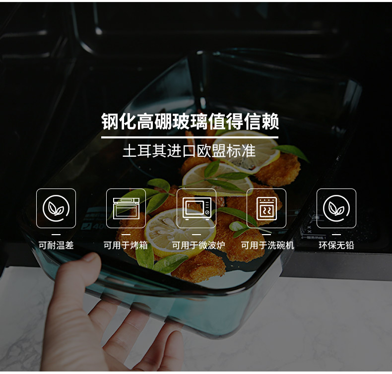 进口2件套长方形玻璃微波炉烤盘 彩色家用烤箱碗芝士焗饭盘鱼盘子