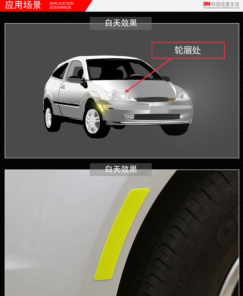 3m美版加规汽车前杠反光车贴 警示轮眉贴轮眉反光条钻石级反光贴