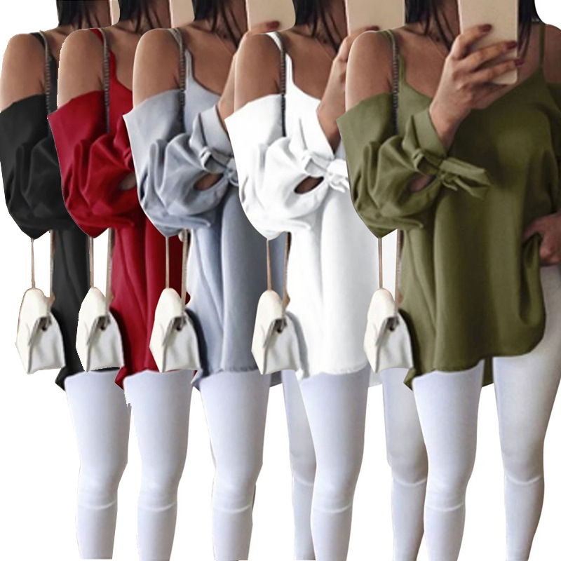 亚马逊ebay女装夏季新款性感吊带v领宽松长袖衬衫欧美2018新款