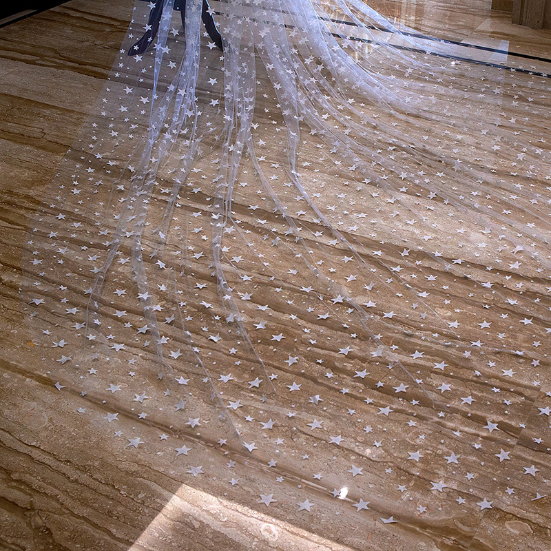 欧式复古大教堂式新娘酒店草坪婚礼结婚星星蕾丝拖尾头纱发梳4米