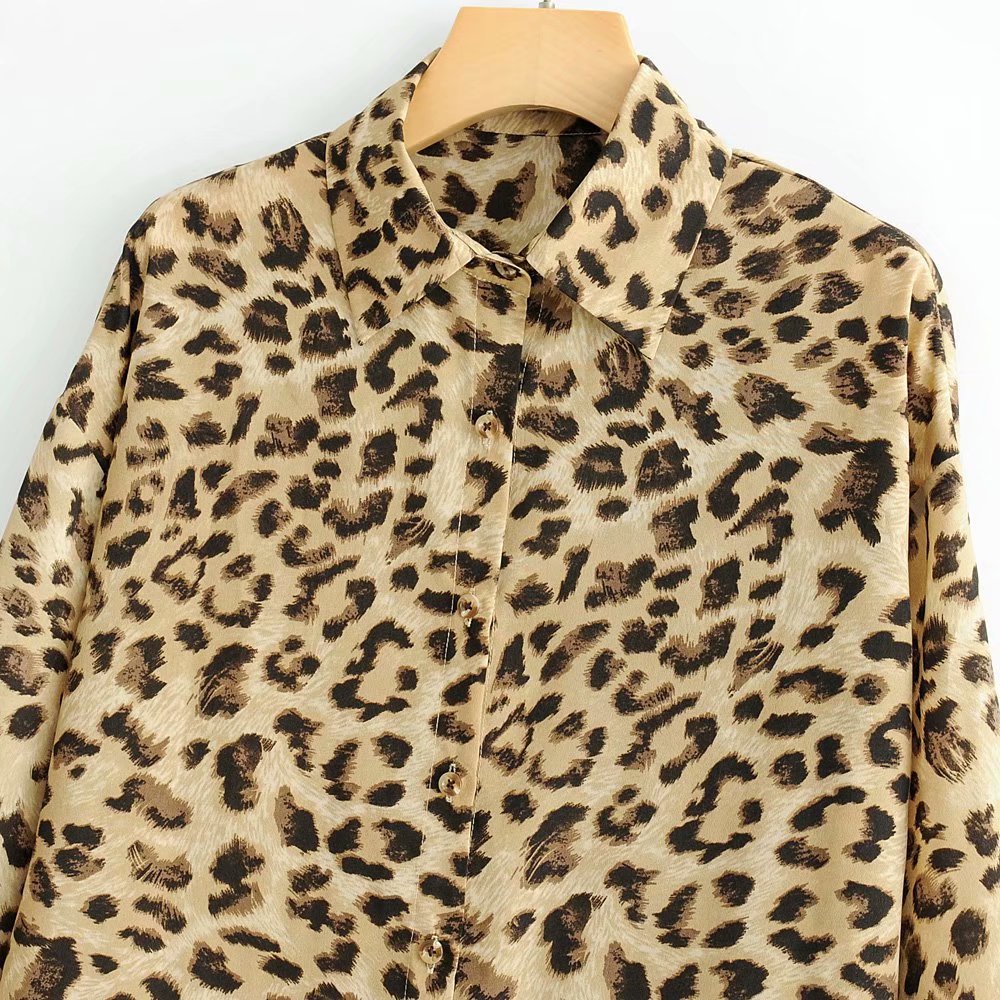 早春新款欧美女装时尚宽松款豹纹印花翻领长袖衬衫上衣c4795