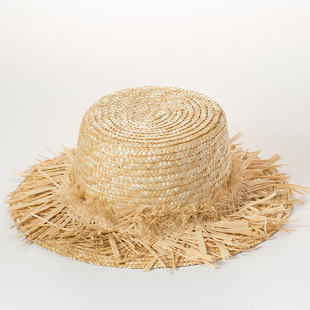 春夏新款草编流苏装饰麦秆草平顶礼帽女士遮阳防晒旅游平顶草帽
