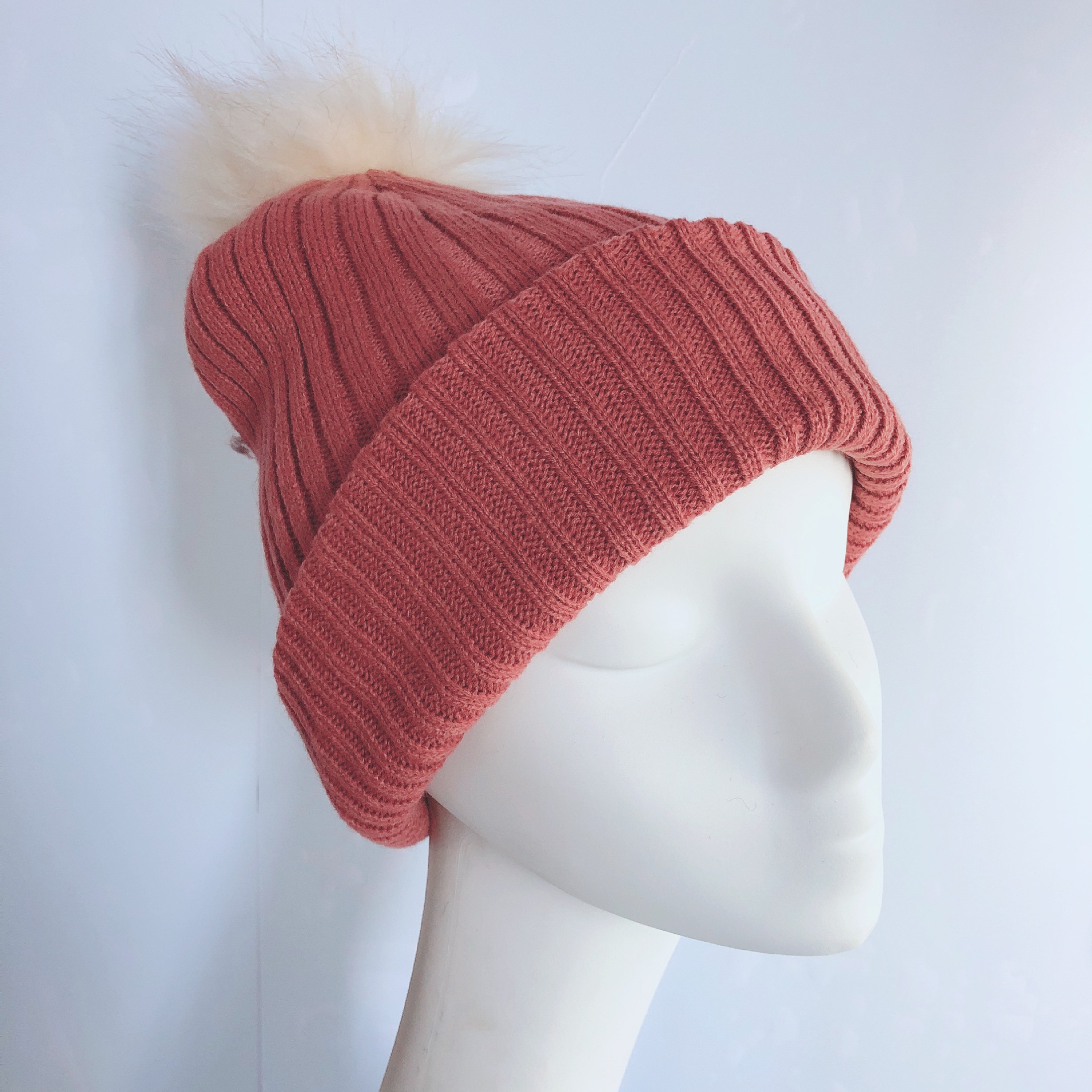 女式人造毛球球单色翻边针织帽女式冬季保暖帽子欧美简约风帽子