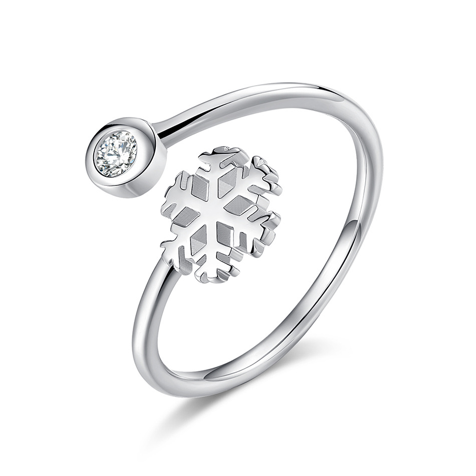 韩国创意新款雪花戒指 925纯银单钻素银拉丝开口可调节指环手饰