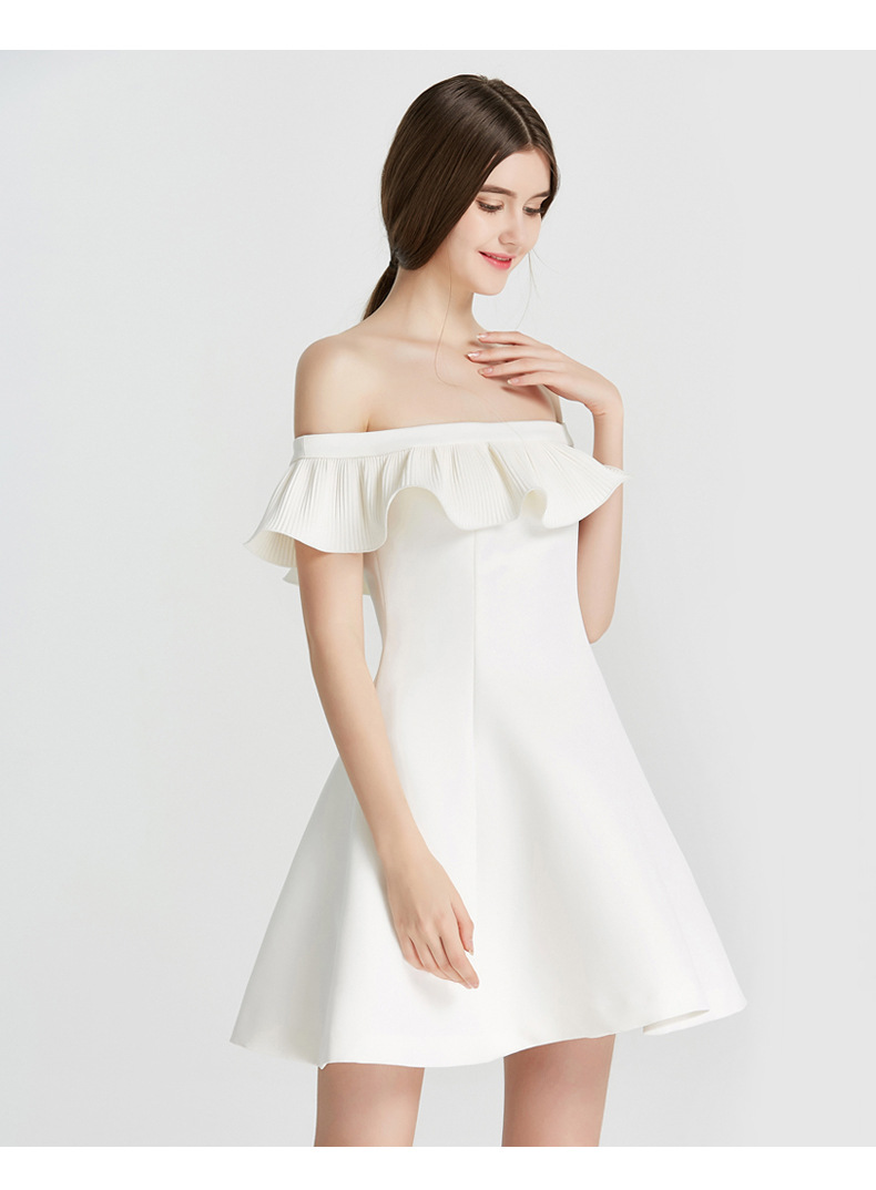连衣裙女装新款白色欧美气质显瘦荷叶边一字领露肩性感高端裙
