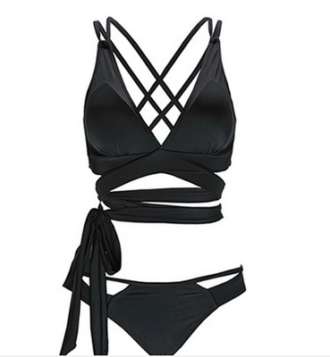 欧美绑带黑色分体三角交叉大小胸聚拢比基尼性感泳衣女