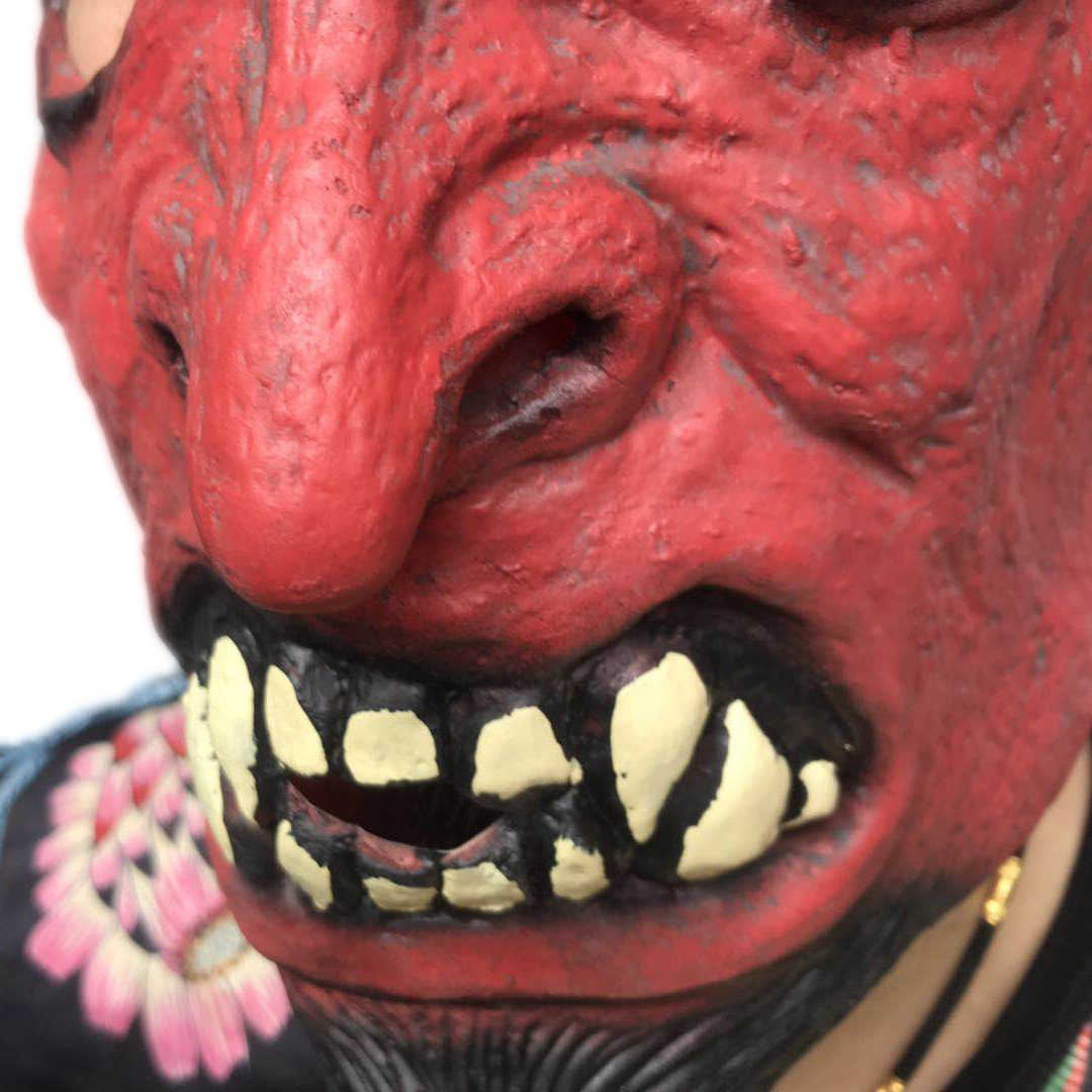套头恐怖鬼脸怪物面具万圣表演假面派对演出吓人红魔牛角面具