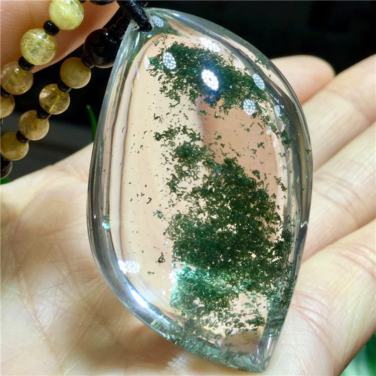 东海水晶天然绿幽灵聚宝盆原石随形平安无事牌吊坠