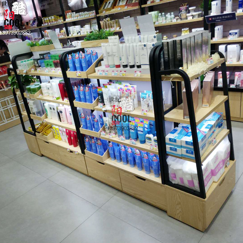 钢木铁木结合化妆品中岛柜货架 木质美妆化妆品店中岛展柜展示柜
