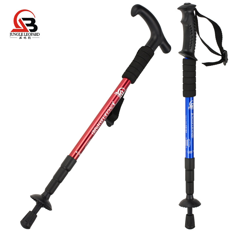 authentic jaguar alpenstock three-section four-section straight handle curved aluminum alloy alpenstock t handle walking stick walking stick