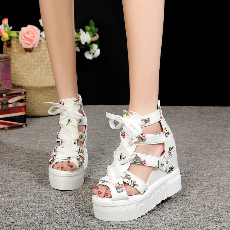 2023 Summer New Platform Women's Sandals Wedge High Heel Floral Tie-Neck Back Zipper Peep Toe Roman Women's Shoes