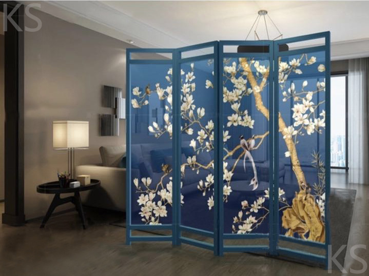 匡氏现代简约客厅书房隔断屏风植物花鸟夹丝玻璃内层丝绸画原材料