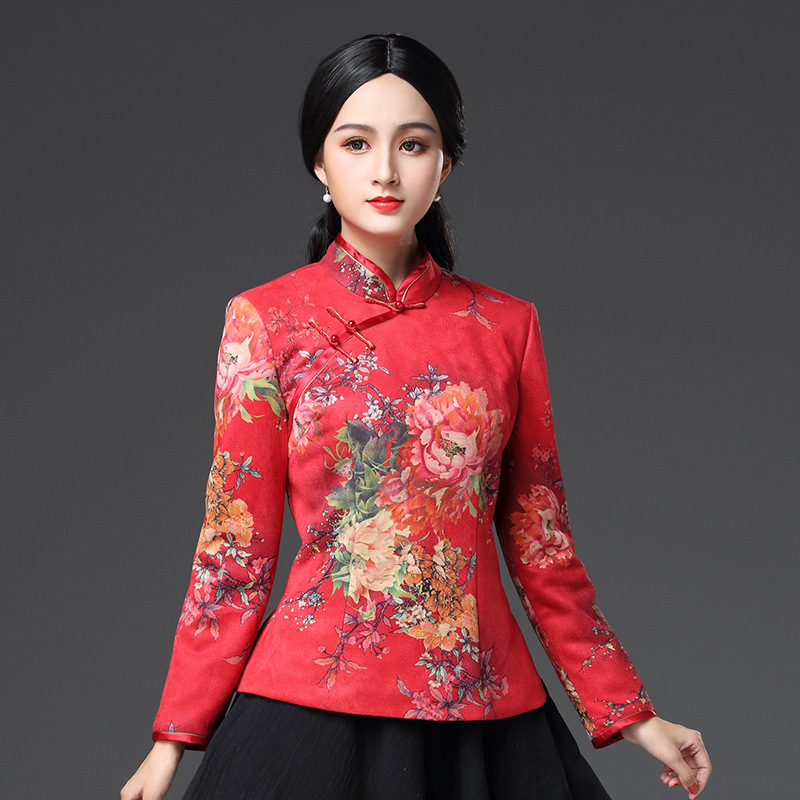 唐装女冬季2019新款加棉保暖鹿皮绒旗袍上衣改良复古修身红色套装