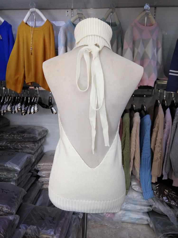 2021春季性感露背毛衣高领无袖针织套头上衣 少女团子