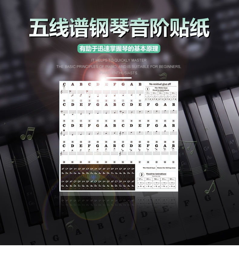 电子琴键盘贴纸49/54键61/88键钢琴按键贴纸不留胶五线谱音阶简谱