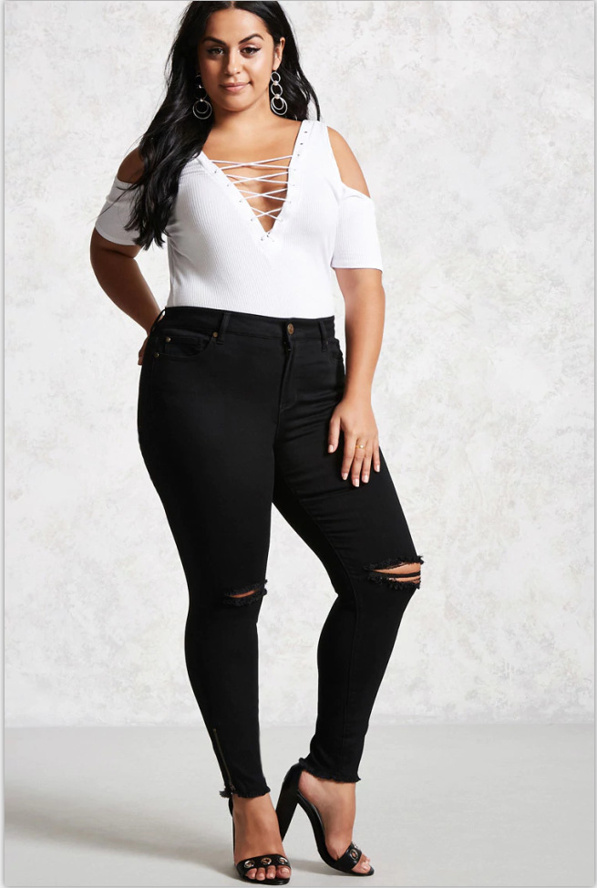 欧美新款特大码女士黑色牛仔裤亚马逊高弹破洞女士裤脚拉链小脚裤