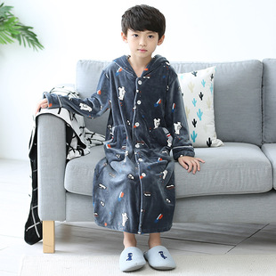 秋冬季男童睡袍海岛绒加厚儿童浴袍法兰绒小男孩睡衣中大童家居服