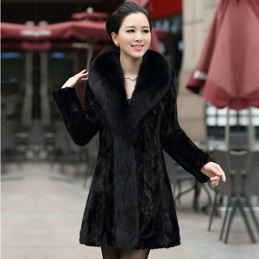 厂家定制冬水貂韩版长袖口袋真毛皮无腰带翻领灰色都市休闲皮草-报价