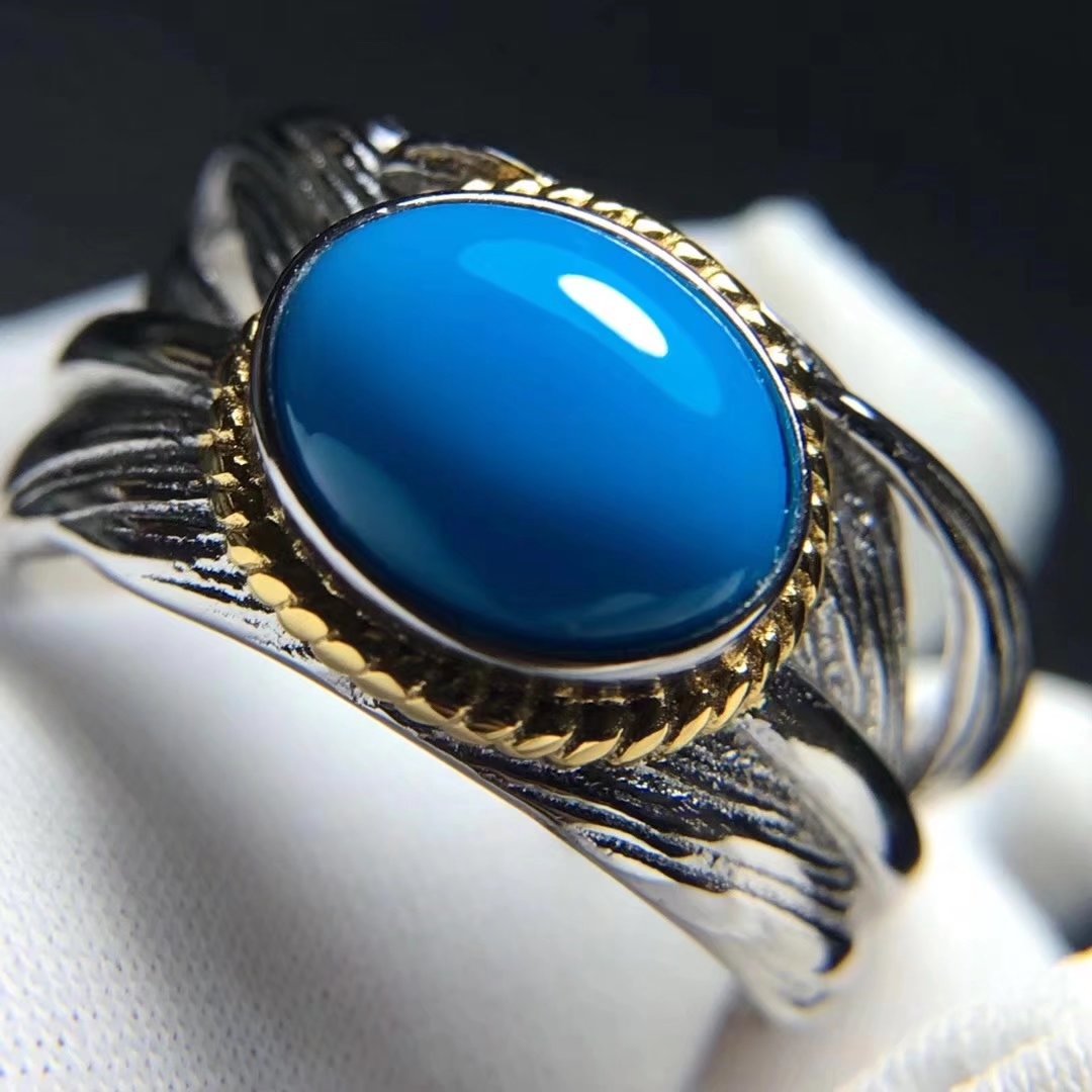 如心珠宝湖北原矿三无高瓷蓝绿松石戒指 925银戒托 产地价格上海