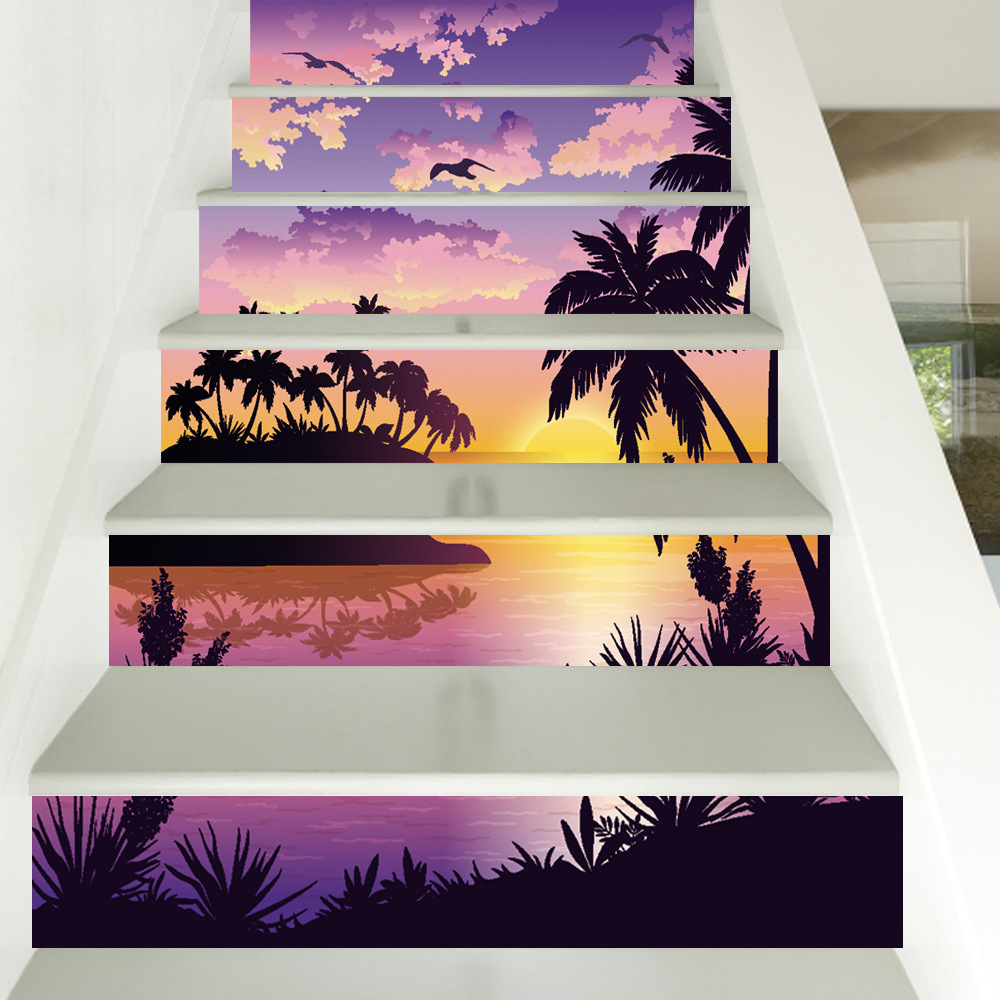 喆敏厂家直销3d创意6片防水楼梯帖日落海边椰林图案速卖通货源
