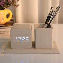 客厅卧室木头钟 多功能创意笔筒LED台钟简约数码声控温度闹钟
