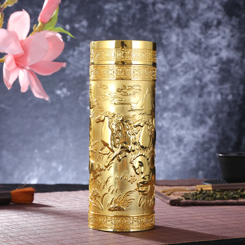 马到成功银杯带滤网内胆银泡茶杯高档商务办公礼品杯货源定制批发