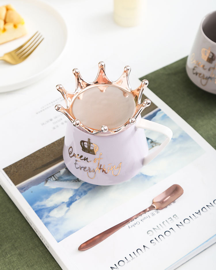 北欧 创意皇冠陶瓷杯带盖马克杯咖啡杯 陶瓷大肚陶瓷杯礼品