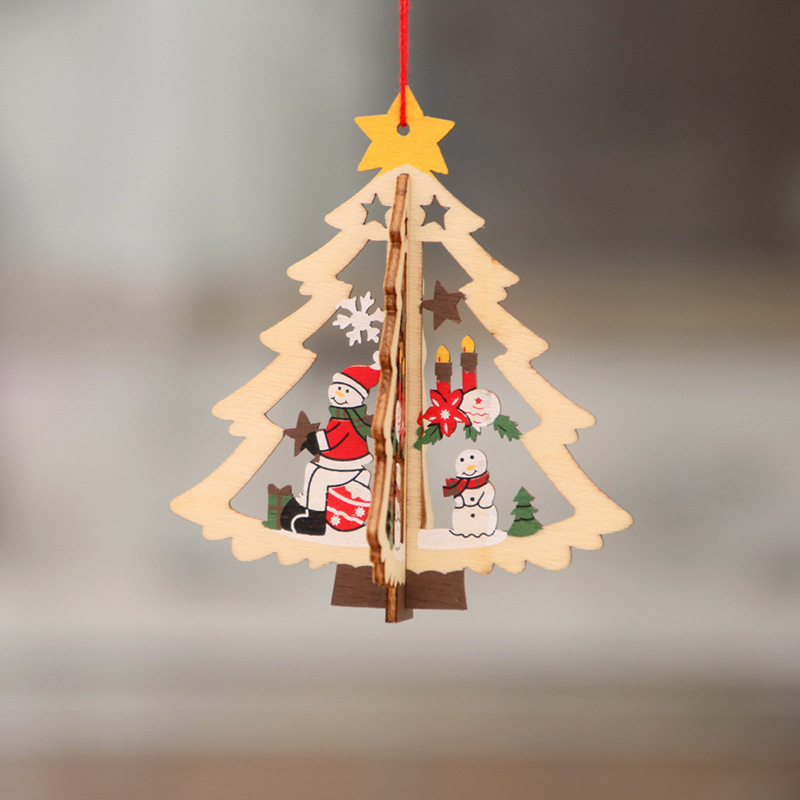 Christmas Decorations Wooden Christmas Laser Hollow Christmas Tree Small Pendant Wooden Five-Pointed Star Bell Pendant Gift